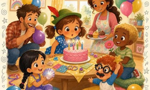 A 4-year-old girl with big bright eyes, light brown hair in two small pigtails, a wide smile and rosy cheeks wears a blue polka-dot dress and a green hat with a red feather; she gently blows out a round cake with pink icing and four small sparkling candles. A woman in her thirties (mom) with long tied brown hair and a tender smile wears a pastel apron and stands by the table holding a plate of cupcakes. A man in his thirties (dad) with a light beard and a plaid shirt kneels left of the scene laughing as he inflates colorful balloons. A five-year-old boy (Ben) with short blond hair stands right of the table holding a pink flower and watching the girl. A four-year-old girl (Zoe) with black braided hair sits on a cushion in the foreground holding a shiny seashell. A four-year-old boy (Max) with red hair wears toy glasses with a funny nose and holds a golden paper star, jumping slightly behind the cushions. Interior of a small yellow house, bright room with cream walls, rainbow garlands, floating multicolored balloons, a light wood table covered with napkins and small treasures, colorful cushions scattered on the floor. Main scene: joyful birthday party—centered composition, warm colors and soft textures, childlike illustrative style with bubbles, glitter, confetti doodles and star overlays.