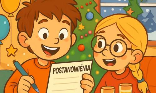 Dwunastoletni chłopiec, Antek, z rozczochranymi brązowymi włosami i błyszczącymi od ciekawości oczami, stoi w centrum obrazu z szerokim uśmiechem na twarzy, trzymając w jednej ręce listę postanowień, a w drugiej długopis. Obok niego jego najlepsza przyjaciółka Zosia, jedenastoletnia dziewczynka z warkoczami i okrągłymi okularami, z entuzjazmem przygląda się liście, a jej policzki są różowe od zimna. Tło to urokliwy salon udekorowany na Nowy Rok, z kolorowymi girlandami, świecącymi balonami i dużym oknem z widokiem na zaśnieżony krajobraz, gdzie delikatnie pada śnieg. Na stole znajdują się talerze z ciastkami i napojami gazowanymi, co dodaje świątecznego klimatu. Główna sytuacja pokazuje Antka i Zosię, którzy radośnie dyskutują o swoich postanowieniach na nowy rok w otoczeniu przyjaciół, wszyscy nie mogą się doczekać wspólnego świętowania. Atmosfera jest pełna radości i ekscytacji, z wybuchami śmiechu i błyskami światła z migających dekoracji.