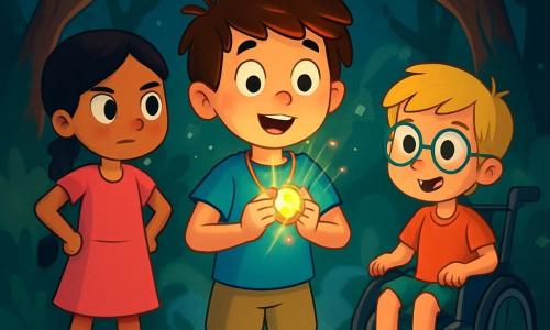 Há 3 personagens: - Tomás: um menino de 10 anos, com cabelos castanhos bagunçados, vestindo uma camiseta azul e um short bege. Ele está no centro, segurando um amuleto brilhante em volta do pescoço, com os olhos arregalados de admiração. - Luísa: uma menina de 9 anos, com longos cabelos negros trançados, vestindo um vestido rosa e sandálias. Ela está à esquerda de Tomás, com as mãos na cintura, exibindo uma expressão curiosa e determinada. - Beto: um menino de 10 anos, com óculos redondos e cabelos loiros, sentado em sua cadeira de rodas à direita de Tomás, com o olhar concentrado no misterioso amuleto, uma luz de excitação nos olhos. O cenário é uma floresta escura e misteriosa, com árvores de troncos retorcidos e folhas de um verde profundo. A luz da lua filtra através dos galhos, criando sombras dançantes no chão coberto de folhas secas. No centro da clareira, uma pedra antiga está cercada por uma leve névoa, adicionando uma atmosfera mágica e ligeiramente inquietante. A situação principal da história mostra Tomás, Luísa e Beto descobrindo o misterioso amuleto brilhante, que emite uma luz suave e colorida, enquanto uma brisa leve faz as folhas ao redor deles tremularem, criando uma atmosfera ao mesmo tempo fascinante e levemente assustadora.