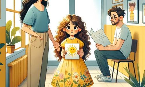 Uma menina de 8 anos, Sofia, com cabelos castanhos e cacheados, usa um vestido amarelo com estampas de flores. Ela tem um olhar preocupado, mas determinado, segurando um pequeno desenho de sol em suas mãos. Ao lado dela, sua mãe, uma mulher de cerca de 30 anos com cabelos longos e negros, a observa com um sorriso reconfortante, vestindo uma camiseta azul e calças bege. O pai de Sofia, um homem de aproximadamente 35 anos, com barba curta e óculos, está sentado em uma cadeira, segurando um pequeno caderno e uma caneta, pronto para anotar.

A cena ocorre em um corredor de um prédio, com paredes pintadas de amarelo claro e janelas abertas deixando entrar a luz do dia. Plantas em vasos decoram o chão, e desenhos de crianças estão pendurados nas paredes.

A situação principal mostra Sofia e sua família se preparando calmamente para um alerta de sirene, conversando juntos para se tranquilizar e apoiar, enquanto compartilham gestos de amor e solidariedade.
