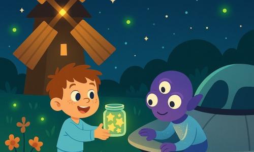 A 6-year-old boy with messy brown hair, freckles, wide-eyed amazed smile, wearing light blue pajamas and slippers, stands on the grass by a wooden windmill holding a small jar of glowing stars and offering them to a silver saucer; a small purple three-eyed alien named Zib in a shimmering silver suit kneels by the saucer, touching its rim with a grateful expression as the stars fill the craft and a soft green glow spreads in gentle waves across a flower-dotted meadow under a starry night, creating a warm, magical scene of tender collaboration with contrasting yet soft blues, neon green, violet and warm wood tones.