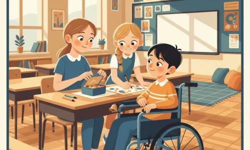 A smiling, attentive 12-year-old girl, Mara, with light brown hair in a ponytail and curious eyes, sits in the back row opening a lunchbox on a wooden desk, hands on a notebook; beside her is 12-year-old Jay in an electric-blue wheelchair with short black hair and a calm, mischievous look, ringing a small bell and looking at Mara confidently; nearby stands energetic 12-year-old Lila, blonde in a braid, leaning over a colorful poster holding bright markers and smiling, ready to draw; the classroom has rows of light wood desks, tall windows with soft light, a whiteboard with colorful posters, a reading corner with rug and cushions, and an art-deco geometric lino floor — the scene shows inclusion as the three collaborate on a poster, warm colors, strong contrasts, visible wood and metal textures, and bright, friendly lighting.