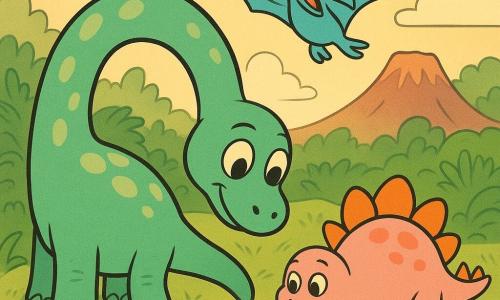 A large mint‑green diplodocus with a long curved neck, smooth skin, round shiny eyes and a curious, amazed expression leans down toward a small glowing stone on the ground; Stelly the stegosaurus, round and powder‑pink with bright orange plates, trots beside him while a light‑blue pteranodon with ribbon‑like wings flies overhead, joyfully pointing toward a gentle volcanic ridge. The scene is a valley of giant ferns and waving grasses with a small sparkling stream in the foreground and a glowing stone at the ridge’s base, rendered in saturated pastels, rounded shapes and thick retro cartoon outlines.