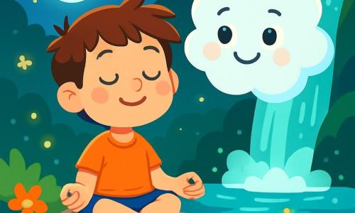 A 6-year-old boy named Oliver, with messy brown hair and sparkling curious eyes, is sitting on a rock near a shimmering waterfall. He has a serene smile and slightly rosy cheeks, showing his wonder. Next to him, a gentle white cloud, personified, floats in the air. The cloud has a friendly and kind expression, with round eyes and a warm smile, as if it is whispering soothing secrets to Oliver. The setting is a magical clearing bathed in moonlight, where the waterfall cascades silver waters. Colorful flowers surround the rock, and fireflies dance around them, creating a fairy-tale and relaxing atmosphere. The main scene shows Oliver breathing deeply with his eyes closed while the cloud teaches him the art of inner peace. The soft murmur of the water and the sparkle of the fireflies add a touch of magic to this moment of calm and serenity.