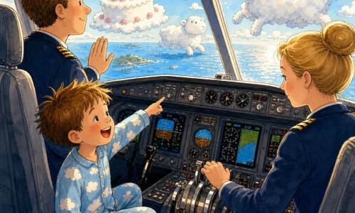 Een glimlachende, rustige piloot met rond gezicht, kort bruin haar, marineblauwe pilotenjas en gouden epauletten raakt zachtjes het raampje aan terwijl hij naar buiten kijkt; naast hem rechts een vrouwelijke copiloot van circa 30 met blond haar in een knot en bijpassende tenue, geconcentreerd op de bedieningshendels; een jongetje van ongeveer 6 met warrig haar en pyjama met wolkenmotief zit bij het gangpad en wijst lachend naar de wolken; gedetailleerd interieur van een cockpit met ronde instrumenten, verlichte schermen, chromen hendels, een bekerhouder met koffie en zacht zonlicht; door het grote raampje zien zich witte wolken in vormen van taarten en schapen, een lichtblauwe hemel en een fonkelende zee; rustige vlucht, de piloot toont verwonderd de "wolkentaarten" aan de passagiers, warme, veilige en zachte sfeer.