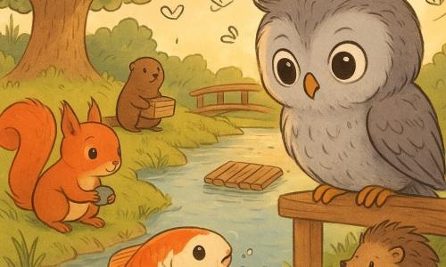Linde, een jonge grijze uil met grote nieuwsgierige ogen, zit op een lage houten reling, zacht en geconcentreerd, lichte pluimen, luistert met gekanteld hoofd; Koi, een oranje-witte karper met glanzende schubben, zwemt rustig vlakbij de oever met kleine belletjes bij zijn bek; Noor, een levendige roodbruine eekhoorn met pluimstaart, staat links op het gras en houdt een glad steentje, speels en ontroerd; Puk, een bruin egelletje, zit rechts en wuift verlegen; Bram, een robuuste bruine bever, staat achter de groep met een klein houten doosje, serieus maar vriendelijk; locatie: oever van een glinsterende rivier bij zonsondergang met riet, een houten loopbrug en een grote Bibliotheekboom (oude eik) links; sfeer: warm afscheid, gouden licht, zachte contrasterende kleuren (oranje, groen, bruin, blauw) en subtiele tekeningen van belletjes en hartjes rond de personages.