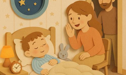 Um menino de 2 anos, calmo e sonhador, deitado de costas com a mão sobre a barriga, olhos semicerrados e lábios relaxados; cabelos curtos castanhos, bochechas rosadas, pijama listrado azul-claro e pantufas pequenas. Uma mulher (mãe, ~30 anos) sentada em uma poltrona junto à cama, sussurrando e sorrindo, mão levantada para acalmar. Um homem (pai, ~32 anos) em pé junto à porta, olhar terno, roupa casual, mão no batente. Quarto suave e simples: papel de parede creme com estrelinhas, janela redonda aberta para um céu estrelado, mesa de cabeceira de madeira clara com abajur laranja difuso. Edredom grande e felpudo bege com textura de nuvem, dobra suave, travesseiro branco macio e um peluche de coelho cinza junto à cabeça. Pequeno despertador analógico na mesa com mostrador visível e sugestão de tic-tac por linhas gráficas. Ambiente geral de luz baixa, cores pastel quentes, formas arredondadas, atmosfera zen e reconfortante.