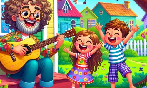 A joyful man, Mr. Melody, is sitting on the porch of his colorful house, surrounded by vibrant flowers. He has curly hair and wears a brightly patterned shirt, a big smile lighting up his face as he plays his guitar. Next to him are three children: Lily, an 8-year-old girl with curly hair and glasses, dancing rhythmically with a radiant smile; Sam, a 7-year-old boy with a big grin and a striped t-shirt, enthusiastically clapping; and Mia, a 6-year-old girl with long, smooth hair, twirling around in laughter with her arms raised to the sky. The scene takes place in a sunny village with colorful houses and lush trees. Musical notes float in the air, and birds sing joyfully around them. Mr. Melody and the children are singing a cheerful song about flowers dancing in the wind, creating a festive and happy atmosphere.