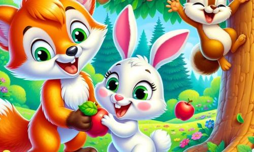 Ein kleiner frecher Fuchs namens Felix mit einem leuchtend orangefarbenen Fell und einem buschigen Schwanz lächelt fröhlich unter einem großen Apfelbaum, seine Augen funkeln vor Aufregung. Neben ihm springt ein niedlicher Kaninchen namens Hoppel mit großen Ohren und weißem Fell vor Freude, seine Augen strahlen vor Glück. Ein schelmisches Eichhörnchen namens Nuss mit braunem Fell und einer kleinen Nuss in den Pfoten klettert geschickt den Stamm des Baumes hinauf und lacht laut. Im Hintergrund schafft ein grüner Wald mit bunten Blumen und einem strahlend blauen Himmel eine fröhliche Atmosphäre. Die Freunde sammeln saftige Äpfel, die vom Apfelbaum fallen, lachen und haben gemeinsam Spaß in einer lebhaften und kameradschaftlichen Szene.