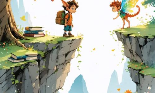 Een jonge kobold met grote puntige oren en een ondeugende glimlach, die een kleine rugzak vol boeken draagt, staat op de rand van een klif met uitzicht op een prachtig kleurrijk landschap, met ogen die schitteren van opwinding en nieuwsgierigheid. Naast hem vliegt een kleine fee met krullend haar dat van kleur verandert, met glinsterende vleugels, vrolijk rondjes draaiend en haar gezicht verlicht door een ondeugende glimlach. Een drakenling, ter grootte van een kat, met iriserende schubben en sprankelende ogen, probeert zijn vleugels te slaan om op te stijgen, maar blijft vastzitten in de armen van een joviale troll, met een rond en vriendelijk gezicht, die lacht terwijl hij probeert hem te bevrijden. De achtergrond toont een majestueuze berg met schitterende kristallen die de binnenkant van een grot verlichten, terwijl een waterval met helder water naar buiten stroomt en een regenboog creëert in het zonlicht. De hoofdscène toont de vrienden die een enorme magische klok in het hart van de grot ontdekken, omringd door glinsterende schatten, terwijl ze proberen deze te repareren om te voorkomen dat een slapende draak wakker wordt.