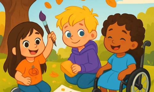 Er zijn 3 kinderen: - Noor: een 5-jarig meisje met lang bruin haar en sprankelende ogen. Ze draagt een oranje t-shirt met een kleine pompoen erop en houdt een penseel in haar hand. - Finn: een 5-jarig jongetje met rommelig blond haar en een ondeugende glimlach. Hij draagt een paarse hoodie en houdt een spons in zijn andere hand. - Suri: een 5-jarig meisje in een rolstoel, met krullend haar en een mooie blauwe jurk. Ze glimlacht vrolijk en heeft een pot verf naast zich. De kinderen zitten in een kleurrijke tuin, onder een grote kastanjeboom met gouden bladeren. De grond is bedekt met dode bladeren en kleine steentjes, en een zachte herfstlicht verlicht de scène. Naast hen ligt een groot stuk wit papier op het gras, al versierd met tekeningen van glimlachende pompoenen, stralende manen en fonkelende sterren. De kinderen zijn bezig met het schilderen van een groot Halloween-bord, vol levendige kleuren en vrolijke patronen. Ze werken samen, lachend en ideeën delend, terwijl een lichte bries de bladeren om hen heen laat dansen.