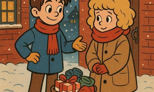 Ein 12-jähriger Junge, Mika, mit zerzausten braunen Haaren und funkelnden Augen, steht in einem schimmernden Schneegitter. Er hat einen Ausdruck von sanfter und warmer Entschlossenheit, gekleidet in einen blauen Mantel und einen roten Schal. Neben ihm steht ein 12-jähriges Mädchen, Nora, in einer großen Jacke, die etwas zu weit für sie wirkt, mit einem Ausdruck von Dankbarkeit und Schüchternheit. Sie hat lockige blonde Haare, die aus ihrem dicken Schal hervorschauen. Sie befinden sich in einem verschneiten Hof, umgeben von roten Backsteingebäuden mit von Weihnachtslichtern erleuchteten Fenstern. Die Hauptszene zeigt Mika und Nora, die neben einer Holztür stehen, mit einer großen Tasche voller Geschenke und warmer Kleidung zu ihren Füßen, während sanft Schneeflocken um sie herum fallen und eine friedliche und magische Atmosphäre schaffen.