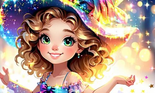 Una niña de 3 años, Lila, con cabello dorado y rizado, lleva un gran sombrero colorido que brilla intensamente. Tiene una sonrisa maravillada, los ojos llenos de alegría, y está bailando en el aire, rodeada de pequeñas estrellas brillantes. A su lado, su fiel perrito Tico, un cachorro de grandes orejas y ojos vivos, salta de alegría, moviendo su cola con entusiasmo. Mira a Lila con admiración, como si quisiera unirse a su baile mágico. Su entorno es un bosque encantado, lleno de árboles de troncos multicolores, adornados con guirnaldas luminosas y flores gigantes de pétalos brillantes. Notas de música flotan en el aire, creando un ambiente festivo y alegre. La escena principal muestra a Lila volando, su sombrero mágico iluminando su camino, mientras animales felices, como un conejo que toca el tambor y un pato que canta, la rodean en una danza frenética, celebrando la magia de la amistad y la aventura.