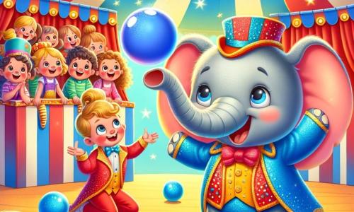 Ein fröhlicher kleiner Elefant namens Emil, mit grauer Haut und großen Ohren, steht in der Mitte der Szene, lächelt und trompetet vor Freude, während er nach einem verlorenen Ballon sucht. Links von ihm jongliert ein lächelnder Jongleur in einem bunten, glitzernden Kostüm mit bunten Bällen, sein Gesicht strahlt Konzentration und Freude aus. Rechts sitzt eine Gruppe von begeisterten Kindern mit leuchtenden Augen und Lächeln auf Holzbänken und schaut gespannt zu. Der Ort ist ein lebendiger Zirkus, gefüllt mit rot-weißen gestreiften Zelten unter einem sonnigen blauen Himmel, mit funkelnden Lichtern und bunten Dekorationen. Die Hauptsituation zeigt Emil, der nach einem blauen Ballon sucht, der unter einem Tisch gerollt ist, während der Jongleur ihn mit einem großen Lächeln ermutigt und eine Atmosphäre von Magie und Freundschaft schafft.