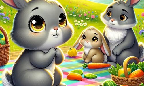 Ein kleiner Hase mit großen, glänzenden Augen und weichem, grauem Fell steht in der Mitte des Bildes, mit einem Ausdruck von Entschlossenheit und Hoffnung auf seinem Gesicht. Er sitzt auf einer bunten Decke, umgeben von leckeren Snacks wie Karotten und Früchten, während er seine Eltern mit einem ermutigenden Lächeln ansieht. Rechts von ihm bereitet eine Mama-Hase mit hellbraunem Fell und langen Ohren, die einen sanften und liebevollen Ausdruck zeigt, Karottenkekse vor, während links von ihm ein Papa-Hase mit dunkelgrauem Fell, der nachdenklich aussieht, seinen Sohn stolz beobachtet und einen Korb mit frischem Gemüse hält. Der Ort ist ein wunderschönes, grünes Feld, das im goldenen Sonnenlicht badet, mit bunten Blumen, die im Wind tanzen, und einem glitzernden Bach in der Nähe, was eine fröhliche und friedliche Atmosphäre schafft. Die Hauptsituation zeigt den kleinen Hasen, der mutig seine Eltern ermutigt, ihre Gefühle während eines Familienpicknicks zu teilen, was die Bedeutung von Kommunikation und Liebe in der Familie symbolisiert.