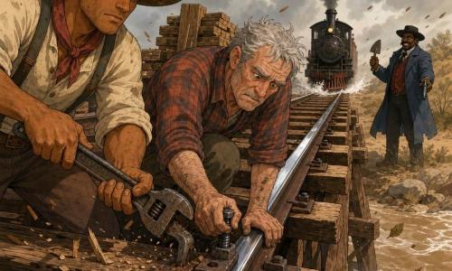 Un uomo (Cole), viso quadrato, pelle abbronzata e capelli castani sotto un largo cappello polveroso, espressione determinata, stringe una grande chiave inglese arrugginita con mani callose mentre aiuta a bloccare una traversa di legno su un ponte ferroviario; un operaio anziano di circa 60 anni, capelli grigi spettinati e camicia a quadri sporca d'olio, piegato su un enorme bullone con un ginocchio sulla traversa; Silas Boone, antagonista di 40 anni con cappotto blu consumato e sorriso crudele, sta a qualche metro sulla riva con una pala e un'arma bassa, minaccioso ma confuso; il ponte di legno antico sopra un fiume torbido, rotaie lucide e pioggia di polvere e foglie al vento; tensione drammatica: un treno nero e fumante si avvicina in lontananza mentre i due uomini cercano di impedire il crollo e Boone tenta di ostacolarli, scena dinamica con schizzi d'acqua e schegge di legno, palette contrastata.