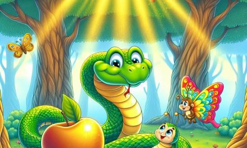 Un serpente verde brillante, chiamato Serpentino, con squame scintillanti come smeraldi, si trova al centro di una radiosa radura, i suoi occhi pieni di curiosità ed eccitazione. Accanto a lui, una piccola farfalla colorata, Farfallina, con ali multicolori, volteggia gioiosamente intorno a lui, mostrando un grande sorriso. La radura è circondata da alberi maestosi con tronchi spessi e foglie di un verde vivace, mentre un grande albero con mele dorate si erge fiero al centro, bagnato dalla luce del sole che filtra attraverso i rami. Serpentino e Farfallina si trovano davanti all'albero, meravigliati dalla bellezza del tesoro che contiene, condividendo un momento di gioia e amicizia, pronti a gustare le deliziose mele dorate.