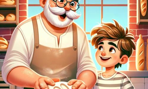 Un hombre de unos 50 años, con un gran bigote blanco y gafas redondas, sonríe alegremente mientras amasa una bola de masa en su panadería. Lleva un delantal blanco manchado de harina y sus ojos brillan de felicidad. A su lado, un niño de 8 años, con el cabello castaño desordenado y una camiseta a rayas, observa con asombro, con las manos en las caderas, listo para ayudar. La panadería es acogedora, con paredes de ladrillo rojo, estantes llenos de panes dorados y una gran ventana que deja entrar la luz de la mañana. En esta escena, el hombre y el niño comparten un momento de complicidad, rodeados del embriagador aroma del pan fresco que se hornea.