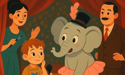 Un bambino di 6 anni, timido ma felice, viso rotondo con lentiggini, capelli castano chiaro spettinati, porta una piccola farfalla azzurra sulla camicia e tiene un microfono troppo grande; guarda l'elefante con mezzo sorriso e una mano al volto. Nina Pennello (~30 anni), truccatrice con capelli raccolti e guance piene di glitter, è a sinistra dietro le quinte e fa un cenno di incoraggiamento con un piccolo pennello blu. Il Signor Rullo (~50 anni), direttore del circo in abito retrò marrone e cravatta rossa, sta leggermente indietro a destra con le mani sui fianchi, sguardo fiero e rassicurante. Un grande elefante dolce, con tutù rosa, piuma e cappello nero storto, ha un'espressione sorpresa e comica ed è al centro della pista di fronte al bambino. Interno di un tendone da circo: pavimento di segatura dorata, pista circolare con tende di velluto rosse, lucine calde e bandierine colorate, gradinate sfocate piene di bambini che applaudono. Situazione: il cappello del bambino è caduto e si è posato sulla testa dell'elefante ballerina; scena luminosa, umorismo tenero, personaggi concentrati sull'elefante, atmosfera calda e vivace.