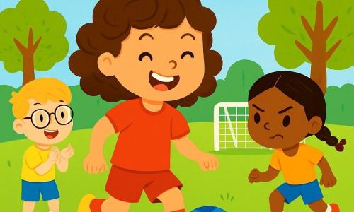 A young girl, Lily, about 8 years old with curly brown hair, wears a bright red football jersey and shiny shoes. She has a big joyful smile on her face, showing her enthusiasm as she dribbles a blue ball on the field. Next to her, Tommy, a 9-year-old boy with blonde hair and glasses, claps with a delighted expression, while Tammy, a 7-year-old girl with black braids, prepares to shoot at the goal, focused and determined. The football field is green, surrounded by trees with vibrant leaves and a clear blue sky dotted with fluffy white clouds. The main scene shows Lily dribbling the ball, surrounded by her friends who are having fun, laughing, and running, creating a joyful and dynamic atmosphere.