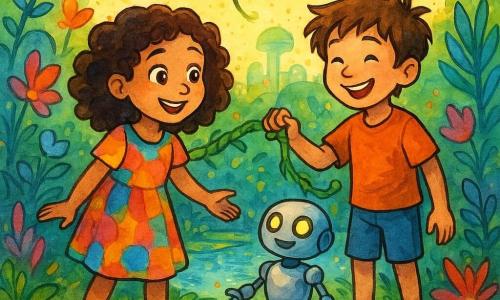 A 6-year-old girl named Liora, with sparkling eyes and curly brown hair, displays a delighted smile. She wears bright shoes and a colorful dress, and is reaching out a friendly hand towards a small robot. Next to her, a 7-year-old boy, Zane, with tousled brown hair and a wide smile, helps hold an improvised vine bridge. The small robot has glowing eyes and a silver body, standing joyfully beside the children. The scene takes place in a futuristic garden filled with vividly colored plants and singing flowers, with a small vine bridge over a shimmering pond. The plants around them emit a gentle glow, creating a magical and welcoming atmosphere.