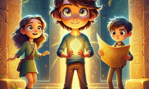Um garoto de 12 anos, Miguel, com cabelos castanhos bagunçados e olhos brilhando de curiosidade, está no centro da imagem, com o rosto iluminado por uma mistura de empolgação e determinação. Ele veste uma camiseta azul e jeans, segurando um antigo artefato brilhante, o Coração de Lúmina, em suas mãos, cercado por uma aura dourada. Ao seu lado, Clara, uma menina de 11 anos com cabelos longos e ondulados, vestida com um vestido verde e botas de couro, olha para Miguel com admiração, pronta para ajudá-lo na aventura. Leo, um garoto de 12 anos com cabelos curtos e óculos redondos, está um pouco atrás, segurando um mapa antigo, com uma expressão concentrada e determinada para encontrar o caminho. A cena ocorre em um templo antigo, com paredes cobertas de símbolos mágicos e colunas de pedra adornadas com cipós e flores luminescentes. A luz dourada do Coração de Lúmina ilumina o ambiente, criando sombras dançantes nas paredes. Miguel, Clara e Leo se preparam para enfrentar uma sombra ameaçadora que se materializa diante deles, uma figura encapuzada que parece querer tomar o artefato. A atmosfera está carregada de tensão e magia, pronta para explodir em uma batalha épica.