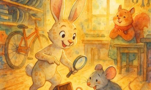 O personagem principal: Tobias, um pequeno coelho-detetive de orelhas longas e brancas, pelo creme com manchas bege, olhos grandes e curiosos e sorriso determinado; segura uma lupa brilhante e aponta para um anel dourado, postura alerta e alegre. Personagem secundária: Mel, uma ratinha de pelagem cinza macia, olhos maliciosos, bochechas rosadas, tímida mas feliz; agachada junto a um baú de madeira antigo, abrindo a tampa e mostrando o anel. Personagem secundária: Dona Esquilo, um esquilo rechonchudo de pelo ruivo e cachecol vermelho, expressão emocionada; junto a um banco de oficina ao fundo, mãos sobre o coração. Local: uma oficina de bicicletas colorida e acolhedora, chão de madeira gasto, prateleiras com pneus e caixas de ferramentas, guirlandas de peças metálicas e um grande balcão com banquinho, luz suave entrando por uma janela de caixilhos. Situação principal: descoberta alegre de um anel dourado num baú de bugigangas, Tobias exibindo a lupa, amigos reunidos em clima de cooperação e espanto.