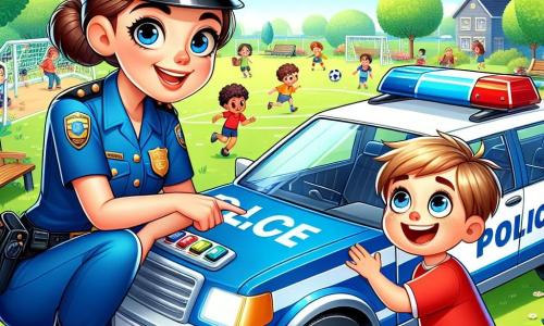 O polițistă zâmbitoare, Maria, se află în centrul imaginii, purtând o uniformă albastră strălucitoare care strălucește sub soare. Are părul brun prins în coc și o privire prietenoasă, arătându-și determinarea de a ajuta pe alții. Maria este aplecată lângă un băiețel, Andrei, de aproximativ 8 ani, care are părul blond zburlit și un tricou roșu. El privește cu uimire mașina de poliție, ochii lui strălucind de bucurie. Fundalul este un parc vibrant, plin de copaci verzi și flori colorate. În spate, se văd copii jucând fotbal și părinți stând pe bănci, bucurându-se de o zi frumoasă și însorită. Situația principală arată cum Maria îi explică lui Andrei cum funcționează mașina de poliție, în timp ce Andrei, foarte încântat, apasă butoanele de pe bord, imaginându-se deja devenind un mare polițist ca Maria.