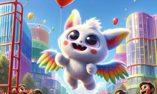 Pufos, o mică creatură de pluș colorată cu aripi pufoase, zboară vesel pe cerul albastru, cu fața radiantă de fericire și uimire. Ține un balon galben în lăbuțele sale, în timp ce se uită în jos cu curiozitate. Alături de el, Momo, un mare Mormoloc cu blană strălucitoare și ochi sclipitori, zâmbește larg, cu brațele deschise, pregătit să prindă un balon roșu care îi scapă. Se află pe o platformă înaltă, înconjurat de clădiri moderne în culori vii, cu copii care se joacă jos, râzând și aplaudând. Locul este un parc urban animat, cu copaci verzi, flori strălucitoare și leagăne colorate, totul sub un cer însorit. Situația principală arată cum Pufos și Momo se distrează împreună, bucurându-se de prietenia lor în timp ce se joacă cu baloane care plutesc în aer, simbolizând magia și bucuria aventurii lor.