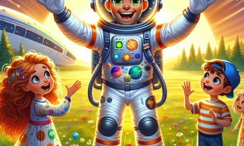 Ein Astronaut, ein großer und lächelnder Mann mit einem glänzenden Helm und einem weißen Raumanzug, der mit lebhaften Farben verziert ist, steht in der Mitte des Bildes mit offenen Armen und strahlt ansteckende Freude aus. Seine Augen funkeln vor Staunen, während er von seinen Abenteuern im Weltraum erzählt. Rechts von ihm sitzt ein 8-jähriges Mädchen namens Mia mit wunderschönen lockigen roten Haaren, das aufmerksam mit weit aufgerissenen Augen zuhört. Sie trägt ein buntes Kleid mit Planetenmotiven. Links von ihm hebt ein 9-jähriger Junge namens Tom mit einer umgedrehten blauen Mütze und einem gestreiften T-Shirt die Hand, um eine Frage zu stellen, sein Gesicht strahlt vor Aufregung. Die Szene spielt auf einem großen, grünen Feld, das im goldenen Licht der untergehenden Sonne erstrahlt, mit bunten Blumen, die im Wind tanzen. Im Hintergrund glänzt ein futuristisches Raumschiff unter den letzten Sonnenstrahlen und verleiht der gesamten Szenerie einen Hauch von Magie. Die Hauptsituation zeigt den Astronauten, der seine faszinierenden Geschichten über die Reise ins All mit den Kindern teilt, die von seinen Erzählungen über Sterne, Planeten und die Geheimnisse des Universums gefesselt sind.