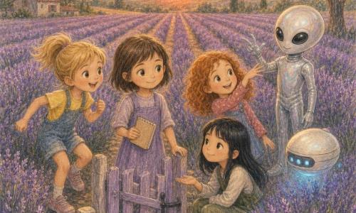 Six characters in a lavender field at sunset: four nearly five-year-old girls—Mina, short brown hair, holding a small beige notebook at the center in front of a low lavender gate; Jo, blond ponytail, left of Mina, poised to run; Lina, curly red hair, right of Mina, smiling and making a “swoosh” gesture; Sam, straight black hair, seated or crouched beside Mina with a calm expression and an open palm—plus a small visiting alien in a shiny silver suit with a pearly round head, large gentle black eyes and three fingers and a thumb, standing slightly back and mimicking the swoosh, and a small melon-shaped white drone with three blue lights hovering among the flowers and glowing softly; rows of purple lavender stretch in perspective under a pale orange sky, warm sunlight mixing with the drone’s cool glow, stylized pollen, butterflies and bees in the air, a light earthy path and a small wooden sign at the edge, the four girls facing the alien and drone and all making the same slow, friendly greeting gesture.