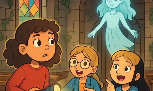 There are three characters: - Lily: a 10-year-old girl with curly brown hair, wearing a red sweater and jeans. She holds a flashlight and looks around with curiosity. - Emma: a 10-year-old girl with glasses and braided blonde hair, wearing a denim jacket. She is slightly ahead, smiling, and pointing at a mysterious door. - Sophie: a 10-year-old girl with straight black hair, wearing a blue floral dress. She is behind Lily, wide-eyed with excitement and fear, looking at the silhouette of a ghostly girl. The setting is an old stone chapel with ivy-covered walls and stained glass windows that let in soft light. Worn wooden benches are arranged on either side, and an air of mystery lingers, enhanced by dust dancing in the light rays. The main situation shows the three friends discovering a small wooden door behind the altar, where an ethereal silhouette of a young girl appears, gently floating with a melancholic smile. The girls seem both amazed and a bit scared, creating an intriguing and magical atmosphere.