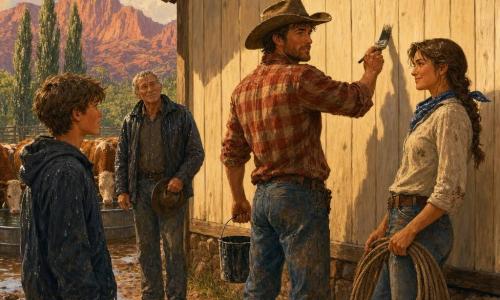 Cole, a rugged man in his thirties with stubble and a worn brown cowboy hat, wearing a red-and-beige plaid shirt and dusty jeans, calmly paints 