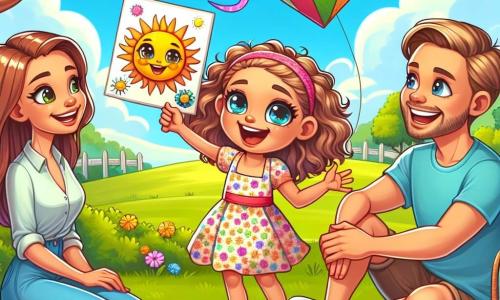 Uma menina de 8 anos, chamada Sofia, está no centro da imagem, com grandes olhos brilhantes e um sorriso radiante. Ela tem cabelos castanhos cacheados, um vestido colorido com flores e sandálias. Sofia segura um desenho que fez, representando uma paisagem ensolarada com um sol sorridente, e olha para seus pais com entusiasmo. À sua direita, seu pai, um homem de cerca de 35 anos, tem cabelos castanhos e veste uma camiseta azul e um short. Ele ri enquanto segura uma pipa colorida, pronto para soltá-la no céu. À sua esquerda, sua mãe, uma mulher de cerca de 33 anos, tem cabelos longos e lisos presos em um rabo de cavalo. Ela usa uma blusa leve e uma calça jeans, sentada em uma toalha de piquenique, sorrindo para Sofia, com um prato de bolos caseiros à sua frente. O local é um parque verde, cheio de árvores majestosas, flores coloridas e um céu azul brilhante com algumas nuvens brancas. Uma grande grama se estende sob seus pés, e ao longe, crianças brincam e famílias aproveitam o sol. A cena principal mostra Sofia cercada por seus pais, compartilhando um momento de alegria e criatividade, celebrando um dia sem telas, onde se divertem, riem e criam memórias inesquecíveis.