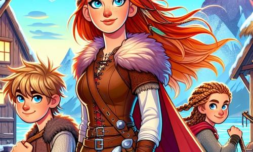 No centro da imagem, Astrid, uma jovem de cabelos flamejantes, se ergue orgulhosamente, com um olhar determinado e corajoso. Ela usa uma túnica de pele marrom e uma capa vermelha que flutua ao vento, seus olhos azuis brilhantes refletem força e bravura. Ao seu lado, um menino de cerca de 10 anos, com cabelos loiros bagunçados e um sorriso travesso, empunha uma espada de madeira, pronto para defender sua aldeia. Ele veste uma túnica de lã cinza e botas de couro, admirando Astrid. Atrás deles, a mãe de Astrid, uma mulher de meia-idade com cabelos trançados e rosto marcado pelo tempo, prepara provisões, com uma expressão concentrada, mostrando seu apoio incondicional à filha. O cenário é uma pitoresca aldeia nórdica, com casas de madeira e telhados inclinados, cercadas por montanhas majestosas cobertas de neve. O céu é azul brilhante, com nuvens brancas, enquanto o sol nasce no horizonte, iluminando a cena com uma luz dourada. A situação principal mostra Astrid, pronta para defender sua aldeia contra um clã inimigo, levantando sua espada com determinação, cercada por seus entes queridos, unidos e corajosos diante da adversidade.
