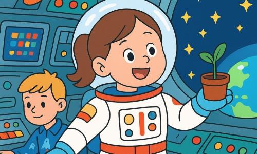 Un'astronauta donna, Anna, fluttua gioiosamente nella sua cabina spaziale, con un grande sorriso sul volto. Indossa una tuta spaziale bianca brillante, decorata con dettagli colorati, e un casco trasparente che lascia intravedere i suoi capelli castani raccolti in una coda di cavallo. I suoi occhi brillano di eccitazione mentre osserva le stelle scintillanti attraverso una finestra. Sullo sfondo, un ragazzo di 10 anni, suo compagno di squadra, è seduto davanti a un pannello di controllo. Ha i capelli biondi e indossa una camicia blu con motivi di razzi. Guarda gli schermi con concentrazione, pronto ad aiutare Anna nella sua missione. La navetta spaziale è piena di pannelli luminosi e pulsanti colorati. Cavi fluttuano intorno a loro, e attraverso la finestra si vede la Terra, rotonda e blu, con nuvole bianche e soffici. La scena principale mostra Anna mentre svolge esperimenti, tenendo un piccolo vaso con una piantina che inizia a germogliare, mentre le stelle brillano attorno a loro, creando un'atmosfera magica e piena di scoperte.
