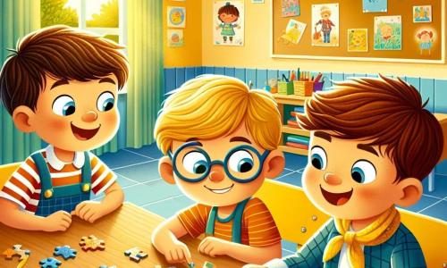 In un'aula luminosa, tre ragazzi sono riuniti attorno a un grande tavolo di legno. Luca, un ragazzo di 8 anni con capelli castani e occhiali, osserva con curiosità un puzzle colorato. Alla sua destra, Marco, un altro ragazzo di 8 anni con capelli biondi e occhi vivaci, sorride tenendo un pezzo di puzzle in mano. A sinistra, Gianni, un ragazzo di 7 anni con capelli castani e una piccola sciarpa gialla intorno al collo, mostra orgogliosamente un pezzo di puzzle che ha appena trovato. L'aula è decorata con pareti gialle e blu, disegni di bambini appesi e giochi colorati in un angolo. Una grande finestra lascia entrare la luce del sole, illuminando la stanza e creando un'atmosfera gioiosa. I tre amici collaborano per assemblare il puzzle, ridendo e incoraggiandosi a vicenda, mostrando così lo spirito di amicizia e cooperazione che regna nella loro nuova scuola.