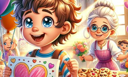 Un bambino di 5 anni, di nome Leonardo, con capelli castani e ricci, un grande sorriso e occhi scintillanti di gioia, si trova al centro dell'immagine, tenendo un grande cartello colorato con un cuore disegnato sopra. È pieno di eccitazione e felicità, pronto a sorprendere la mamma. Accanto a lui, la sua migliore amica Giulia, una bambina di 5 anni con capelli biondi intrecciati e un vestito rosa, sorride tenendo palloncini colorati, aggiungendo all'atmosfera festosa. Sullo sfondo, si vede Nonna Rosa, una donna anziana con capelli bianchi e occhiali, che estrae dal forno biscotti a forma di cuore, con un sorriso caloroso sul viso. La scena si svolge in una casa accogliente, decorata con palloncini colorati e ghirlande, con un tavolo pieno di biscotti appena sfornati e disegni fatti a mano. La luce del sole filtra attraverso le finestre, creando un'atmosfera gioiosa e luminosa. La situazione principale mostra Leonardo e Giulia, entrambi impazienti e sorridenti, pronti a gridare "Sorpresa!" alla loro mamma che arriva a casa, pieni di amore ed eccitazione per la festa della mamma.