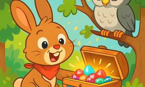 Ein kleiner Hase mit großen Ohren namens Hoppel steht im Mittelpunkt des Bildes, mit einem erstaunten und fröhlichen Blick. Sein weiches, braunes Fell wird von einem kleinen roten Halstuch geschmückt. Hoppel steht vor einer großen, bunten Holztruhe, die er gerade geöffnet hat und die funkelnde Edelsteine enthüllt. Neben ihm sitzt ein weiser alter Uhu namens Professor Uhu auf einem Ast. Er hat graue und weiße Federn, runde Brillen auf der Nase und einen ernsten, aber wohlwollenden Ausdruck. Er beobachtet Hoppel mit einem stolzen Lächeln, seine Augen strahlen Weisheit aus. Die Szenerie ist eine verzauberte Lichtung, umgeben von majestätischen Bäumen mit leuchtend grünen Blättern. Bunte Blumen bedecken den Boden, und Glühwürmchen tanzen in der Luft und schaffen eine magische Atmosphäre. Hoppel entdeckt den versteckten Schatz mit einem Ausdruck von Überraschung und Freude, während der Uhu ihn mit einem zustimmenden Blick ermutigt und die Bedeutung von Abenteuer und Freundschaft hervorhebt.