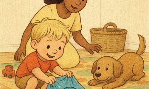 A smiling but focused 2-year-old boy with blonde locks is crouched, gently lifting a small blue blanket to look for a blue, starry ball; his mother, about 30 with chestnut hair in a ponytail and a pale yellow dress, kneels behind him with hands ready and an encouraging gaze, while a small light-brown dog lies by a wicker basket, tail wagging and watching the ball partially peeking from beneath the blanket; light wood floor shows toy wheel marks, scattered toys (a red truck, a green block) and a simple-patterned colorful rug, soft morning light, warm pastel palette, newspaper-like paper textures, centered composition focused on the boy’s expression with mother behind and dog to the right, joyful tranquil mood.