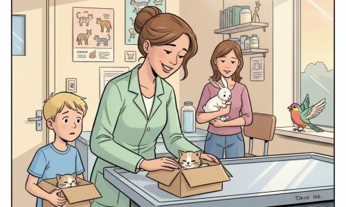 O femeie veterinară zâmbitoare și blândă, în jur de treizeci de ani, părul castaniu prins în coc și purtând halat verde deschis, privește cu delicatețe un cățeluș de pisică într-o cutie de carton, mâinile puse ușor; un băiat de circa 8 ani, cu păr blond scurt, ține cutia lângă ușă, îngrijorat dar ușurat, stând în stânga veterinarului; o femeie de aproximativ 40 de ani ține un iepuraș alb care tremură ușor, stând în spatele veterinarului lângă un scaun; o pasăre mică colorată stă pe pervazul ferestrei, capul aplecat ca și cum ar aștepta ajutor; clinica e o cameră caldă cu pereți crem, postere cu animale, o masă metalică de examinare în centru, o lampă suspendată și o etajeră cu borcane, lumină blândă de seară prin fereastră; scena principală: veterinarul examinează pisicuța în cutie în timp ce ceilalți privesc speranți, atmosferă calmă și reconfortantă, paletă pastel și contururi clare.