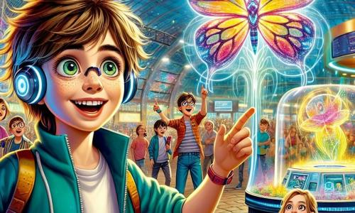 In the foreground, there is Eddie, a 10-year-old boy with messy brown hair and sparkling green eyes, holding a shiny futuristic skateboard, his eyes wide with wonder. Next to him is Max, a 10-year-old boy with short, tousled hair wearing glasses, smiling enthusiastically while pointing at the sky. A little further away, Lucy, Eddie's 6-year-old little sister with long blonde hair in a colorful dress, is watching a magnificent holographic butterfly that shines brightly. The setting is Tech Park, a vibrant futuristic space filled with shimmering glass and metal structures, where colorful holograms dance in the air. Children play around interactive machines while drones fly overhead, leaving luminous trails in the blue sky. The main scene shows Eddie and his friends captivated by the holographic butterfly that has just landed on a pedestal, while a smiling holographic teacher explains the importance of imagination and innovation.