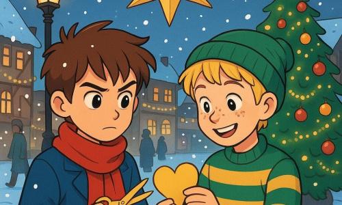Hay 2 personajes principales: Mateo, un chico de 12 años con cabello castaño desordenado y ojos brillantes, que lleva una bufanda roja y un abrigo azul, y Lucas, también de 12 años, con cabello rubio y pecas en la nariz, que lleva un gorro verde y un suéter a rayas. Están en una encantadora plaza de pueblo cubierta de nieve brillante, iluminada por faroles de hierro forjado y con una gran estrella de papel brillando arriba. En el fondo, hay casas de madera decoradas con luces y un gran árbol de Navidad adornado. La escena muestra a Mateo y Lucas cortando un corazón de papel dorado, rodeados de copos de nieve que caen suavemente, sonriendo mientras los transeúntes los observan con asombro.