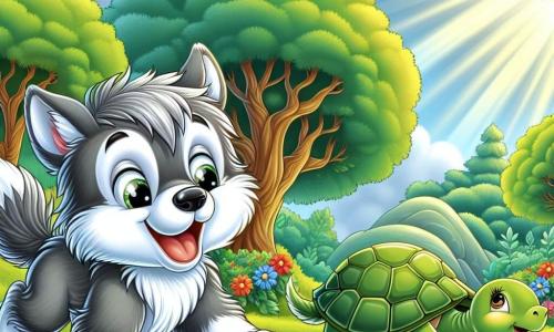 Un pequeño lobo de pelaje gris y suave, con una mancha blanca en su pata derecha, corre alegremente a través de un claro soleado, mostrando una amplia sonrisa y ojos brillantes de emoción. Cerca, una tortuga de caparazón verde y brillante, con una mirada serena y alentadora, avanza lentamente, sonriendo y mirando al pequeño lobo con orgullo. Al fondo, majestuosos árboles con hojas brillantes en verde enmarcan la escena, mientras que flores coloridas bailan al ritmo del viento. La situación principal muestra al pequeño lobo corriendo con determinación, descubriendo la belleza del mundo que lo rodea, sintiéndose apoyado por sus amigos.