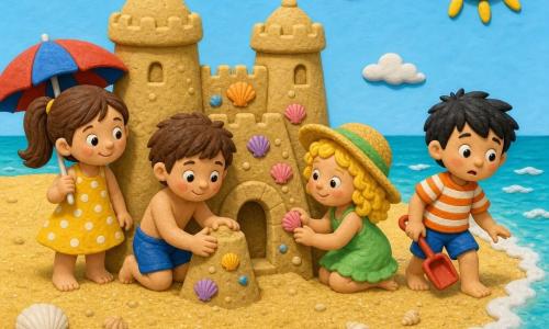 Hay cuatro niños: Ana, niña de unos 6 años, cabello castaño liso en coleta, vestido amarillo de lunares blancos, con una pequeña sombrilla roja y azul a la izquierda junto a la torre del castillo; Pedro, niño de unos 6 años, pelo castaño corto, bañador azul, modelando una torre de arena con las manos al centro-izquierda frente al castillo; Lucía, niña de unos 5 años, pelo rubio rizado con sombrero de paja, vestido verde, pegando conchas de colores en el muro del castillo a la derecha de Pedro; Tomás, niño de unos 6 años, pelo negro alborotado, camiseta a rayas naranja y blanca, con una pala roja mirando una pequeña ola a la derecha, junto al borde del agua. Lugar: playa soleada de arena dorada texturada, mar turquesa tranquilo con pequeñas olas blancas, algunas conchas y una estrella de mar en la arena, cielo azul claro con un sol sonriente arriba a la derecha. Situación: los cuatro construyen un gran castillo de arena decorado con conchas, con dos torres redondas, muros biselados y puerta en arco; una pequeña ola espumosa toca la base del castillo; expresiones de alegría, concentración y ligera inquietud; ambiente veraniego cálido, colores vivos, texturas visibles, sombras suaves y contornos redondeados.
