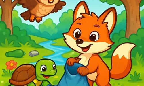 Ein junger Fuchs mit leuchtenden Augen und glänzend rotem Fell, Felix, steht fröhlich im Mittelpunkt der Szene und sammelt mit einem breiten Lächeln Müll in einem schönen Naturschutzgebiet. Rechts von ihm schiebt eine grün-braune Schildkröte namens Tina mit entschlossenem Blick eine Plastikflasche in einen Sammelsack. Links darüber schwebt eine große Eule mit braunen und weißen Federn, Emma, mit weisen Augen und einem ermutigenden Ausdruck, die stolz ihre Freunde beobachtet. Der Ort ist ein grüner Wald, gefüllt mit majestätischen Bäumen, bunten Blumen und einem glitzernden Bach, der durch die Landschaft fließt. Die Hauptsituation zeigt die Freunde, die die Natur reinigen, umgeben von verstreutem Müll, aber auch von der Schönheit der Flora und Fauna, und veranschaulicht ihr Engagement für den Schutz ihrer Umwelt.