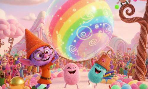 The main character is Glimmer, a joyful purple-skinned boy elf with sparkling blue spots, round glasses, an orange pointy hat and green boots, pushing a huge rainbow chewing-gum bubble like a balloon; beside him the small fluffy Wobblebop Flibble, like a pink marshmallow with tiny legs, jumps and claps; Wobblebop Wizzle wears a flowerpot hat and steadies the sticky bubble with a rope while Wobblebop Doodle, with rainbow crayons in its back, draws flamboyant patterns on the rolling bubble; a Mischief Munchkin with tufted green hair and wings grimaces from a nearby branch as neon gum balls bounce around it. The scene is atop Chewy Mountain — glittering gumdrops, shiny sweet slopes, twisted licorice trees and pastel sky with cotton-candy clouds — showing the bubble slowly rolling toward a candy-cane finish line, a cheering crowd of colorful creatures in the background and a golden gumball trophy on a shining pedestal.