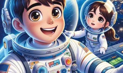 Un astronauta uomo, Marco, è al centro dell'immagine, con un grande sorriso sul volto e gli occhi brillanti di eccitazione. Indossa una tuta spaziale bianca con dettagli colorati e un casco trasparente che rivela i suoi capelli castani e le guance leggermente arrossate. Marco sta fluttuando nello spazio, circondato da pannelli di controllo luminosi e pulsanti lampeggianti. Alla sua destra, una giovane ragazza, Giulia, di circa 10 anni, lo guarda con ammirazione. Ha lunghi capelli castani raccolti in una coda di cavallo e indossa una tuta da astronauta in miniatura. Sta alzando la mano, come se volesse aiutare Marco, e il suo viso è illuminato dallo stupore. Lo sfondo dell'illustrazione mostra l'immensità dello spazio, con stelle scintillanti e la Terra blu e verde sottostante, creando un'atmosfera magica e ispiratrice. La scena principale mostra Marco e Giulia mentre risolvono insieme un problema tecnico, con strumenti fluttuanti attorno a loro, simboleggiando lo spirito di squadra e la scoperta nell'avventura spaziale.