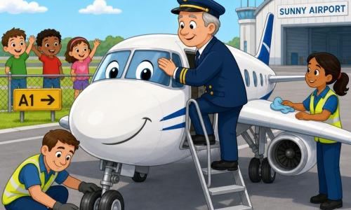 Piloto sorridente e calmo, cerca de cinquenta anos, cabelos grisalhos curtos, rosto redondo e olhos suaves, fardado azul‑escuro com boina, sobe a escada e pousa a mão no nariz do avião como se o acariciasse. Um auxiliar de terra (Pedro), cerca de 35 anos, pele clara e colete amarelo, agacha‑se junto ao trem de aterragem esquerdo e sorri; outra auxiliar (Sofia), cerca de 30 anos, pele morena e cabelo apanhado, colete amarelo e um pano na mão, inspeciona a asa à direita. Um grupo de crianças (dois rapazes e uma rapariga, ~6–8 anos) atrás de uma vedação acena e sorri. Pequeno aeroporto iluminado: pista cinzenta lisa, relva aparada, placa amarela e hangar branco; céu azul claro com nuvens e sol suave. Cena principal: momento caloroso e reconfortante em que o piloto entra no pequeno avião branco com um sorriso pintado na proa, os auxiliares verificam rodas e asas e as crianças aplaudem; atmosfera clara, cores saturadas e expressões amigáveis.