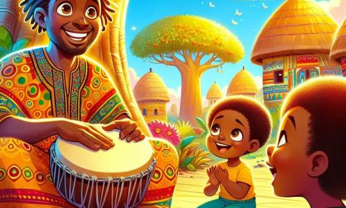 Ein Mann namens Kofi, mit einem breiten, warmen Lächeln und funkelnden Augen, trägt ein buntes Gewand mit afrikanischen Mustern. Er sitzt unter einem großen Baobab und schlägt sanft auf eine Holz-Trommel, umgeben von goldenem Licht. Neben ihm sitzt ein 7-jähriges Mädchen namens Mala, mit lockigem Haar und einem strahlend gelben Kleid. Sie lächelt fröhlich, während sie Kofi zuhört. Ein 6-jähriger Junge namens Tayo, mit leuchtenden Augen und einem grünen Hemd, steht daneben und hält eine Mango in den Händen, bereit zu teilen. Der Ort ist ein lebendiges afrikanisches Dorf mit bunten runden Häusern, umgeben von üppigem Grün und leuchtenden Blumen. Der Himmel ist blau mit flauschigen weißen Wolken. Die Hauptsituation zeigt Kofi, der eine wichtige Geschichte über Teilen und Gerechtigkeit erzählt, während die Kinder aufmerksam zuhören, ihre Gesichter erleuchtet von Aufregung und Neugier.